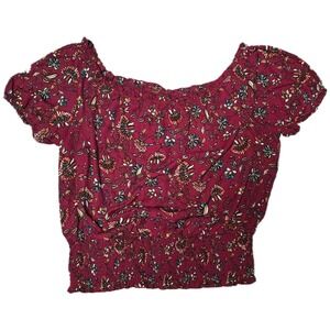 Floral Off Shoulder Top Womens 3X Burgundy Excellent Smocked Waist Cropped (A)